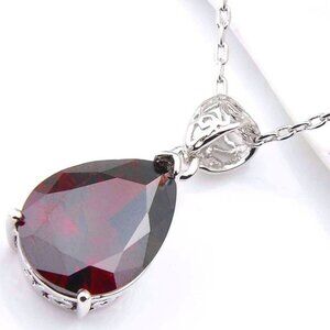 Red Garnet Teardrop Pendant Necklace 925 Sterling Silver Plated